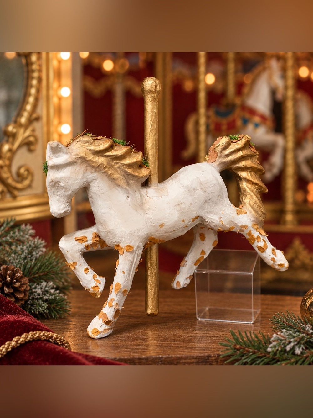 One-of-a-Kind Handmade Paper Mâché Carousel Horse – Organic Autumn Folk Art